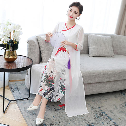 YH-78378文艺复古汉服改良连衣裙古风收腰刺绣改良V领雪纺连衣裙ZXH 商品图1