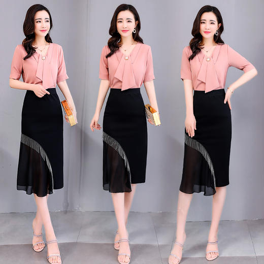 WZNH-HMQY218夏季新款假领带小衫半身裙套装 商品图0