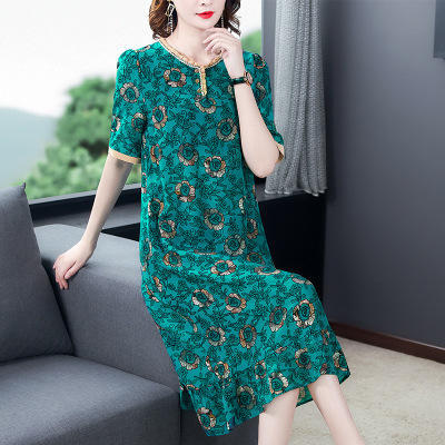 HT-8607新款夏季法式复古桑蚕丝印花中长款连衣裙 商品图0