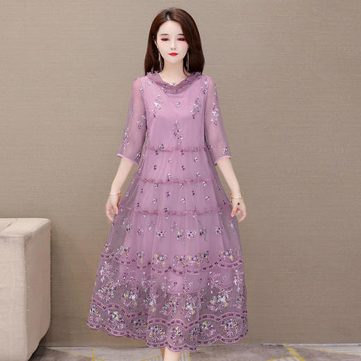 YW-SH20A11A夏新款修身时尚七分袖气质高贵阔太太绣花连衣裙 商品图1