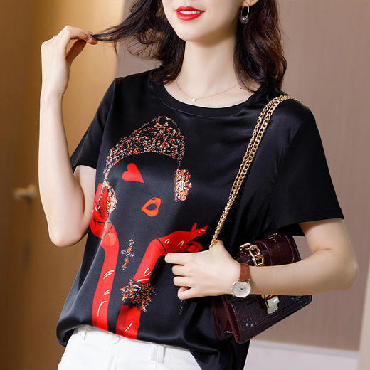 WZNH-WX80359爆款夏季OL气质桑蚕丝套头圆领宽松型女式T恤 商品图3