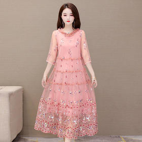 YW-SH20A11A夏新款修身时尚七分袖气质高贵阔太太绣花连衣裙