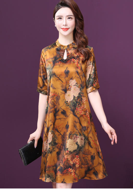 WXY-W-K9-2086真丝新款夏水滴领宽松遮腹桑蚕丝连衣裙 商品图1