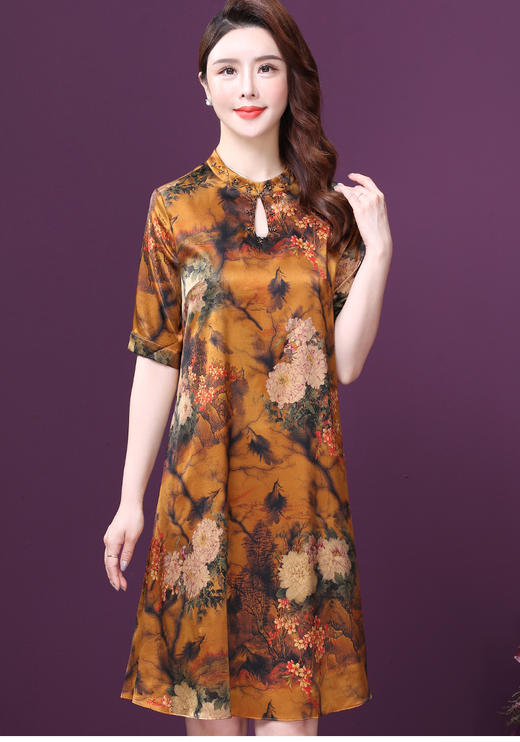 WXY-W-K9-2086真丝新款夏水滴领宽松遮腹桑蚕丝连衣裙 商品图0