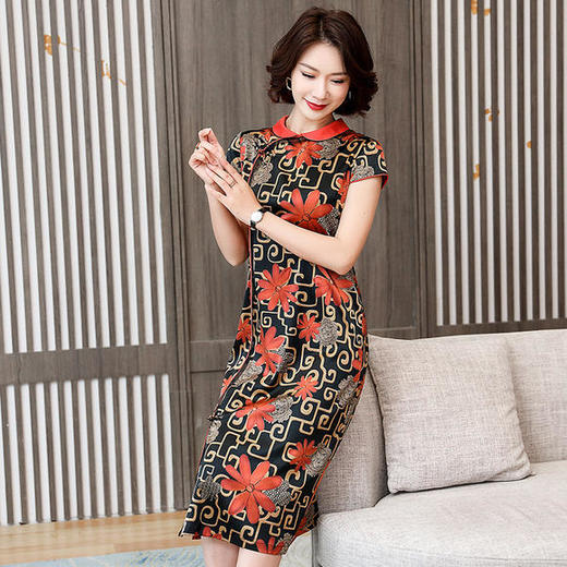 LS-y2021妈妈洋气印花真丝旗袍桑蚕丝连衣裙 商品图2
