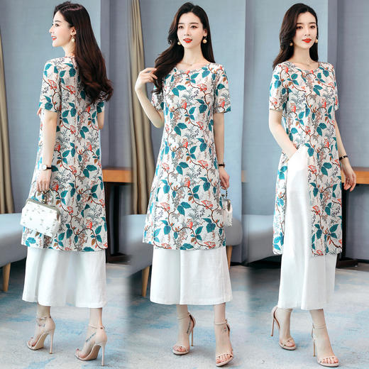 WZNH-MCXZ208夏季棉麻复古中长款短袖显瘦印花两件套 商品图1