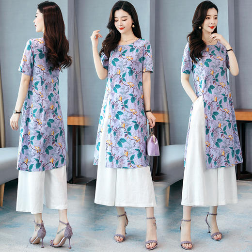 WZNH-MCXZ208夏季棉麻复古中长款短袖显瘦印花两件套 商品图0