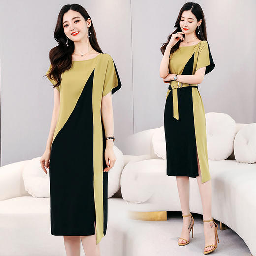 WZNH-QMC1857夏季高腰圆领套头短袖收腰拼接色连衣裙 商品图2