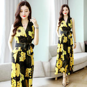 XP-ASG5826新款V领系带收腰无袖印花连体裤