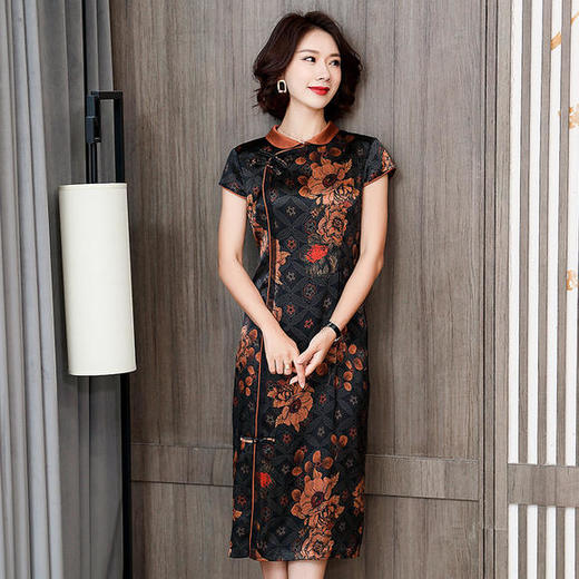 LS-y2021妈妈洋气印花真丝旗袍桑蚕丝连衣裙 商品图1