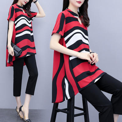 HT-8018夏装新款200斤胖mm洋气时髦宽松遮肚子显瘦两件套装 商品图0