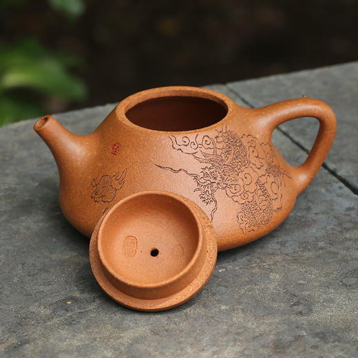 润生活宜兴正宗原矿云隐云龙刻绘降坡泥石瓢手工紫砂壶