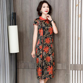 LS-y2021妈妈洋气印花真丝旗袍桑蚕丝连衣裙