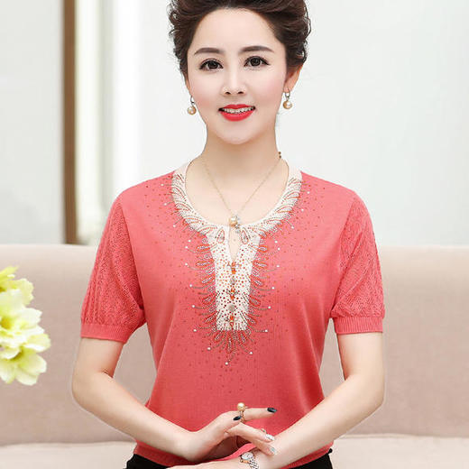 QY-7187夏装短袖宽松冰丝时尚圆领钉珠洋气小衫 商品图3