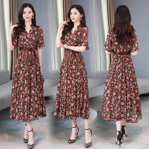 WZNH-XYFS6871（配腰带）新款印花雪纺中长款性感V领气质显瘦碎花连衣裙 商品图1