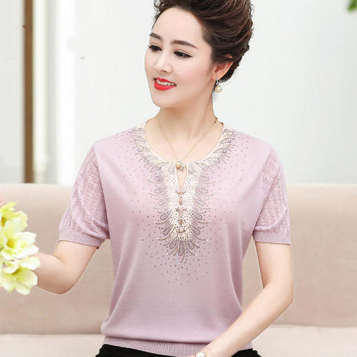 QY-7187夏装短袖宽松冰丝时尚圆领钉珠洋气小衫 商品图4