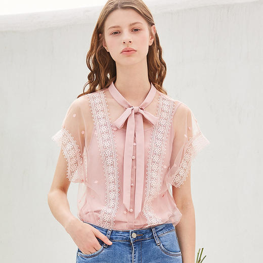 欧芮儿夏装 新款女装网纱拼接蕾丝衫女系带蝴蝶结薄款洋气小衫 商品图1