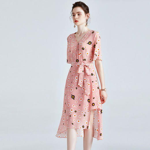 FSZ-2065气质V领收腰短袖桑蚕丝印花中长款真丝裙 商品图1