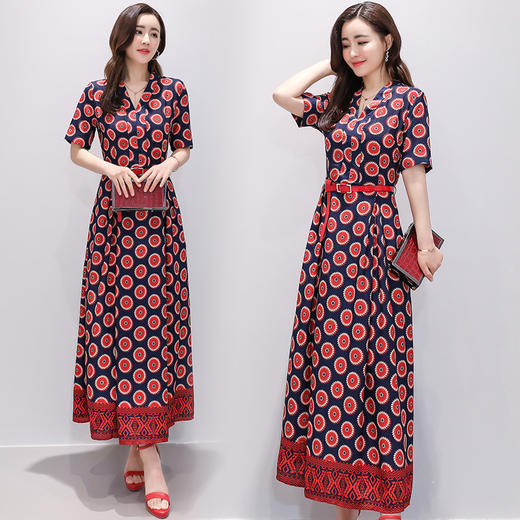 WZNH-LXI962新款欧美大牌气质显瘦洋气印花V领高端连衣裙 商品图0