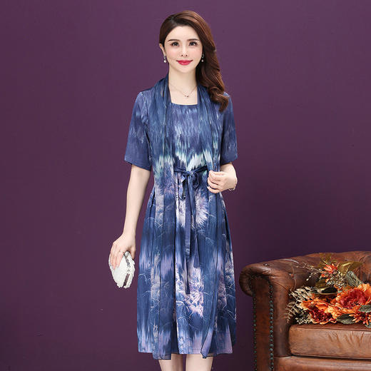 XFFS-5501新款桑蚕丝妈妈装显瘦假两件连衣裙 商品图2