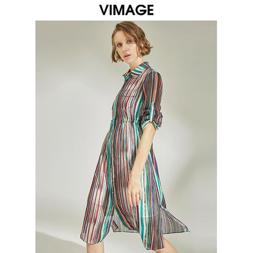 VIMAGE纬漫纪夏季优雅条纹显瘦连衣裙V1107772 商品图0