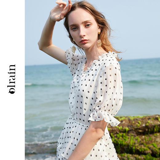 欧芮儿夏装新品V领短袖波点雪纺连衣裙女中长款A字收腰蛋糕裙9XLB21310 商品图0