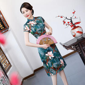 QQ-9712夏季新款荷花真丝旗袍裙