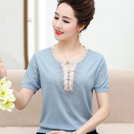 QY-7187夏装短袖宽松冰丝时尚圆领钉珠洋气小衫 商品图2