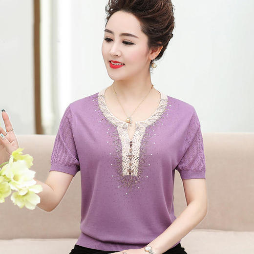 QY-7187夏装短袖宽松冰丝时尚圆领钉珠洋气小衫 商品图0