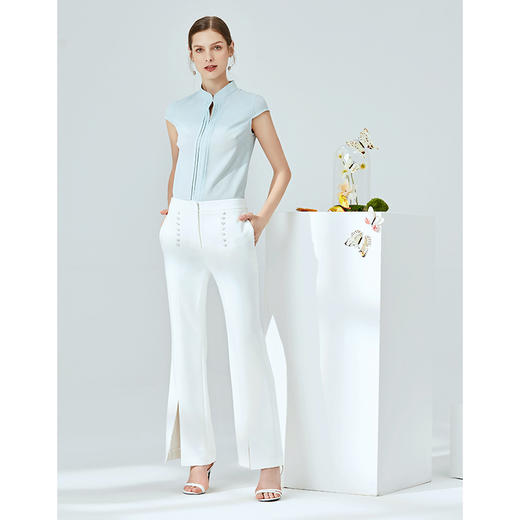 EITIE爱特爱夏季新款时尚通勤立领压褶包肩袖小上衣女薄B2013422 商品图1