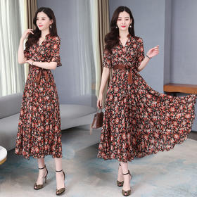 WZNH-XYFS6871（配腰带）新款印花雪纺中长款性感V领气质显瘦碎花连衣裙