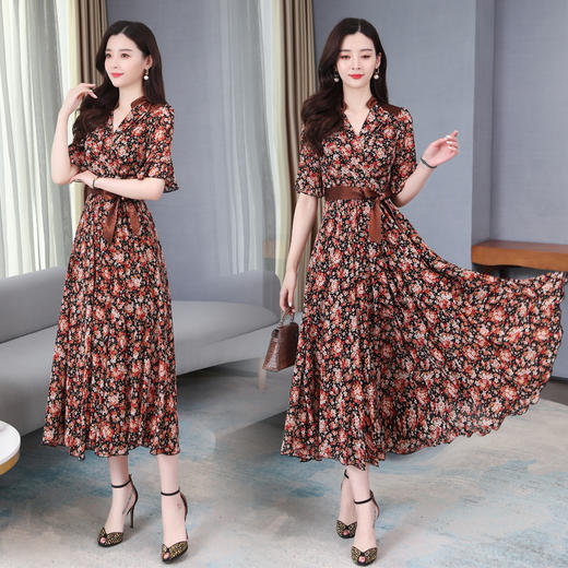 WZNH-XYFS6871（配腰带）新款印花雪纺中长款性感V领气质显瘦碎花连衣裙 商品图0