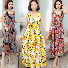 MQ-3324-Q204夏新款中长款短袖印花棉绸连衣裙YY