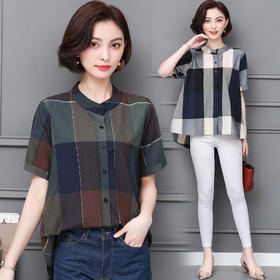 新款夏季外穿百搭宽松短袖亚麻格子棉麻衬衫