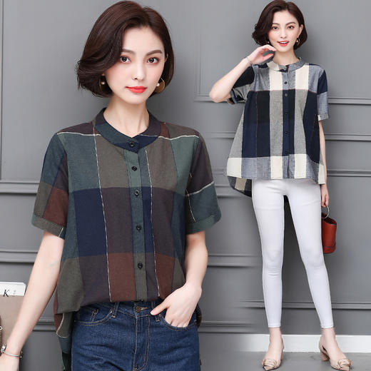 新款夏季外穿百搭宽松短袖亚麻格子棉麻衬衫 商品图0