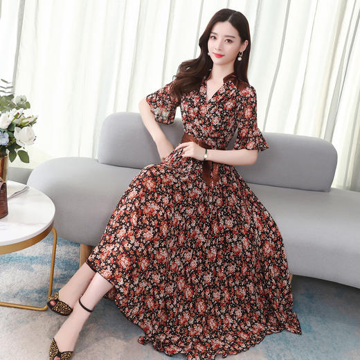 WZNH-XYFS6871（配腰带）新款印花雪纺中长款性感V领气质显瘦碎花连衣裙 商品图2