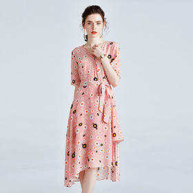 FSZ-2065气质V领收腰短袖桑蚕丝印花中长款真丝裙