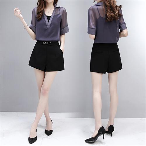 WZNH-SLYY8067新款时尚洋气名媛显瘦复古短裤套装三件套装 商品图1