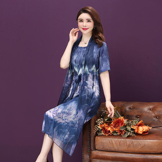 XFFS-5501新款桑蚕丝妈妈装显瘦假两件连衣裙 商品图3