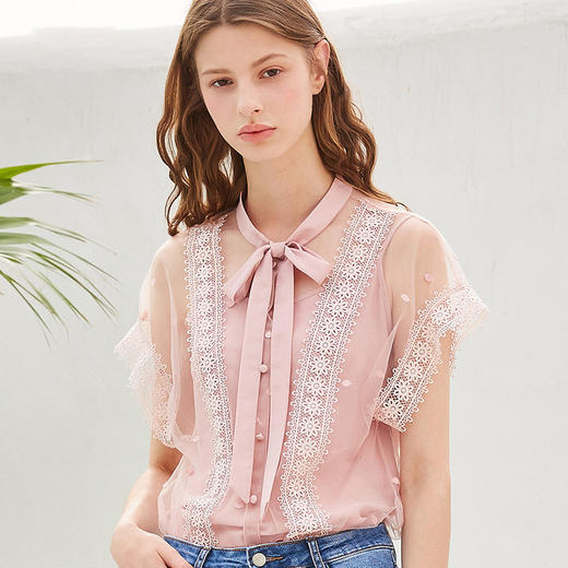 欧芮儿夏装 新款女装网纱拼接蕾丝衫女系带蝴蝶结薄款洋气小衫 商品图3