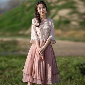 LL  逐流 荷叶边绣花拼接假两件淑女裙