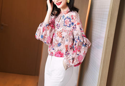 XFFS-515新款灯笼长袖荷叶边木耳边真丝桑蚕丝印花碎花小衫上衣女 商品图3