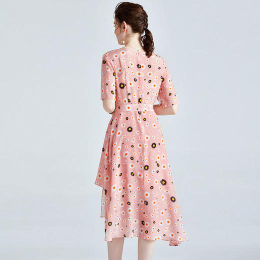 FSZ-2065气质V领收腰短袖桑蚕丝印花中长款真丝裙 商品图2