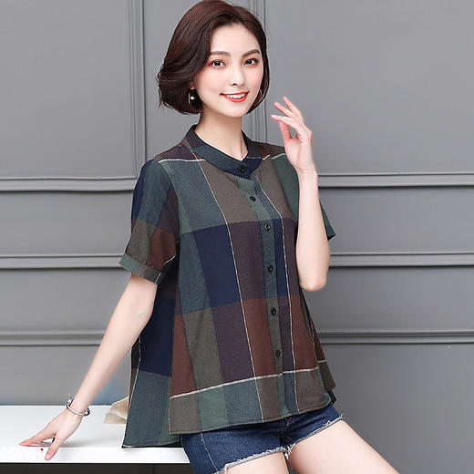 新款夏季外穿百搭宽松短袖亚麻格子棉麻衬衫 商品图3