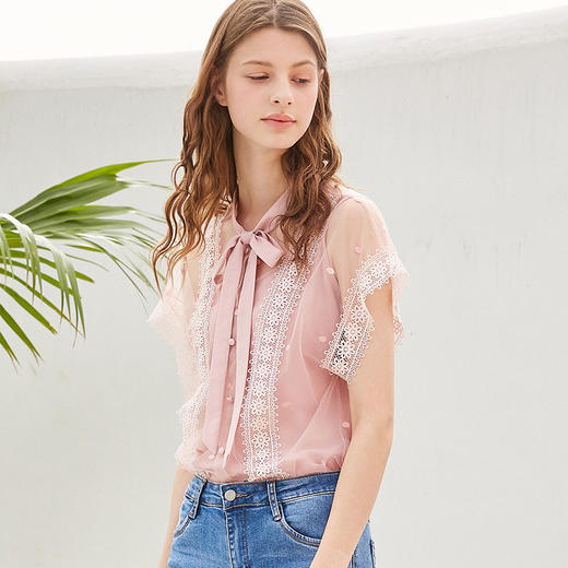 欧芮儿夏装 新款女装网纱拼接蕾丝衫女系带蝴蝶结薄款洋气小衫 商品图4