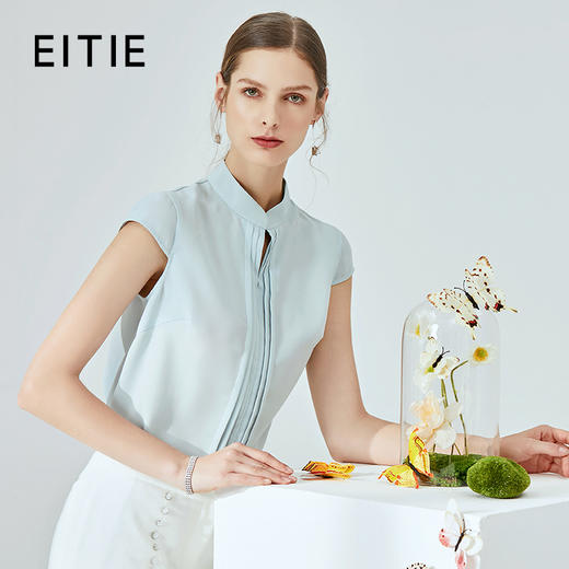 EITIE爱特爱夏季新款时尚通勤立领压褶包肩袖小上衣女薄B2013422 商品图0