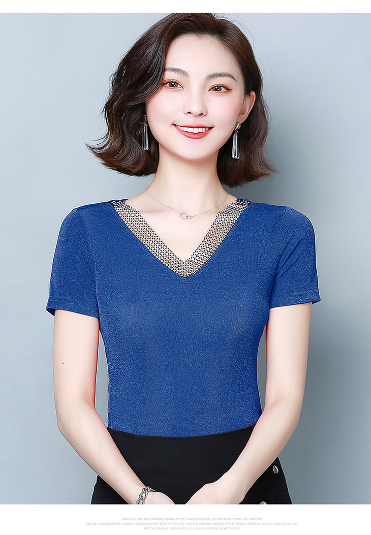 kqle266n9972性感烫钻v领t恤短袖洋气百搭纯色