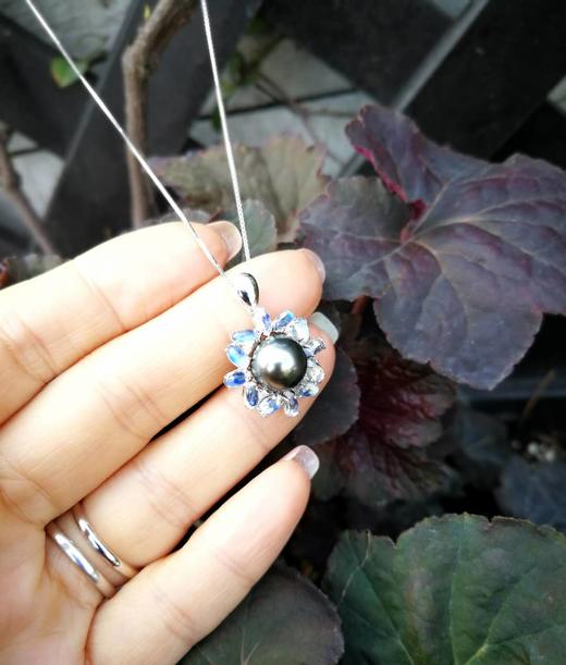 10-11mm南洋黑珍珠配镶月光石戒指和吊坠套装 商品图10