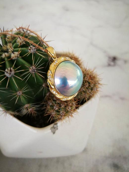 18K金镶钻石 巨美蓝灰色马贝珍珠项链吊坠 商品图4