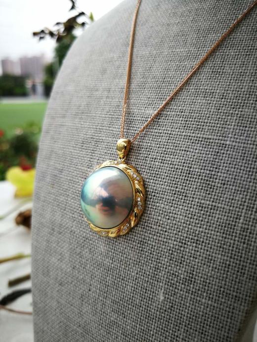 18K金镶钻石 巨美蓝灰色马贝珍珠项链吊坠 商品图8